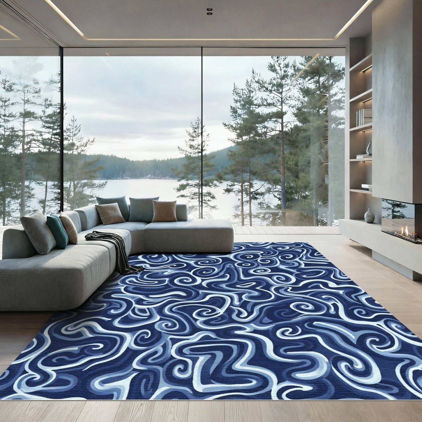 Deep Blue Swirling Abstract Rug