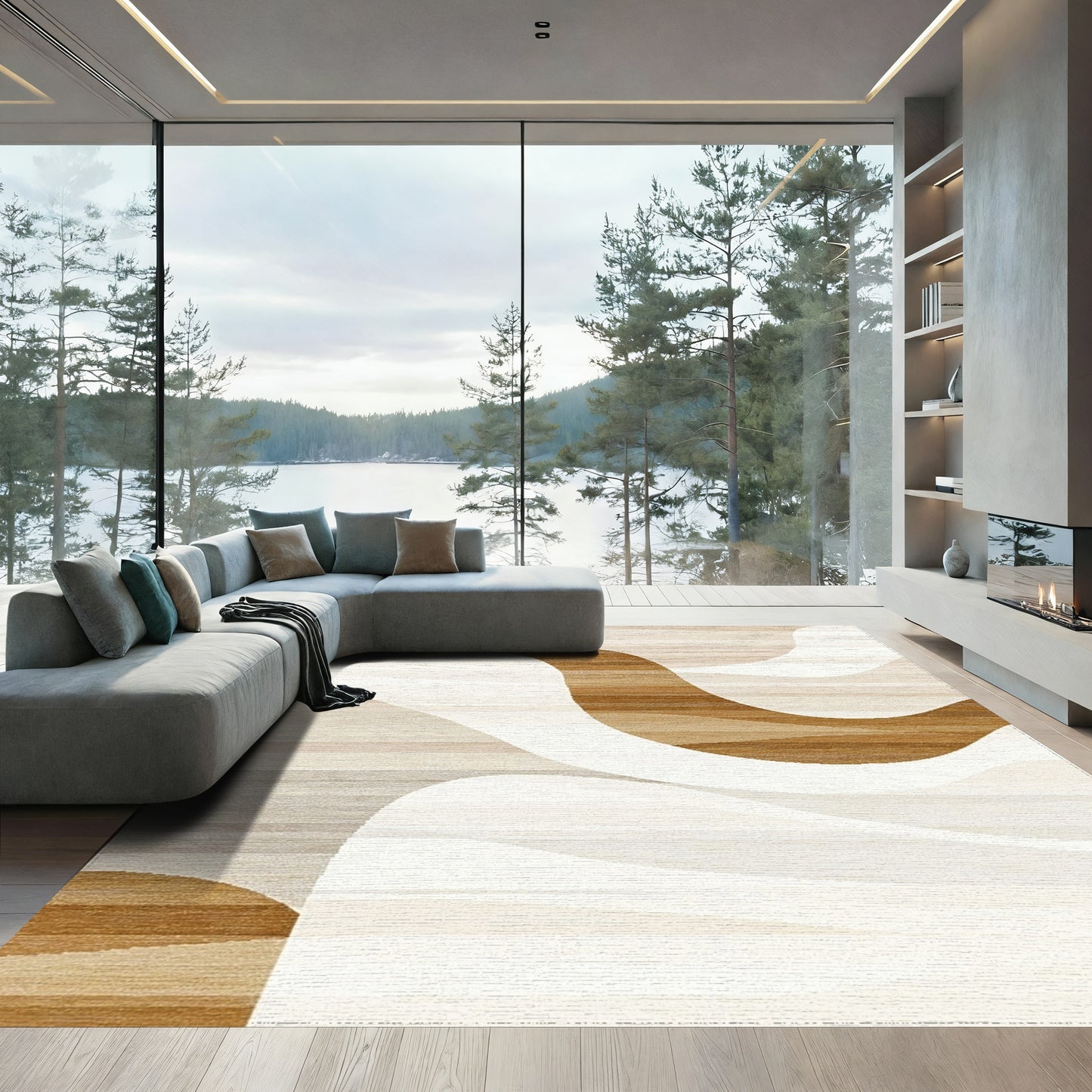Beige Brown Wavy Abstract Rug