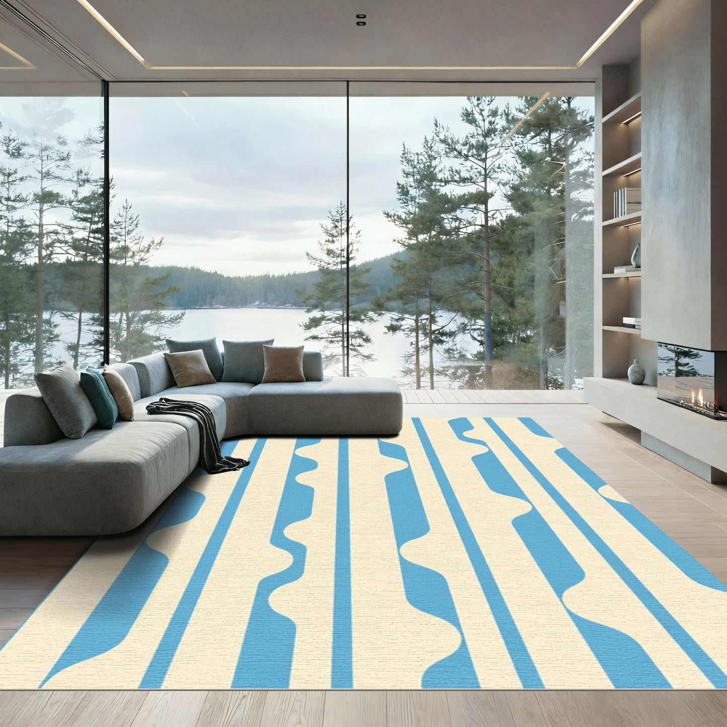 Cream Blue Vertical Wavy Stripe Rug