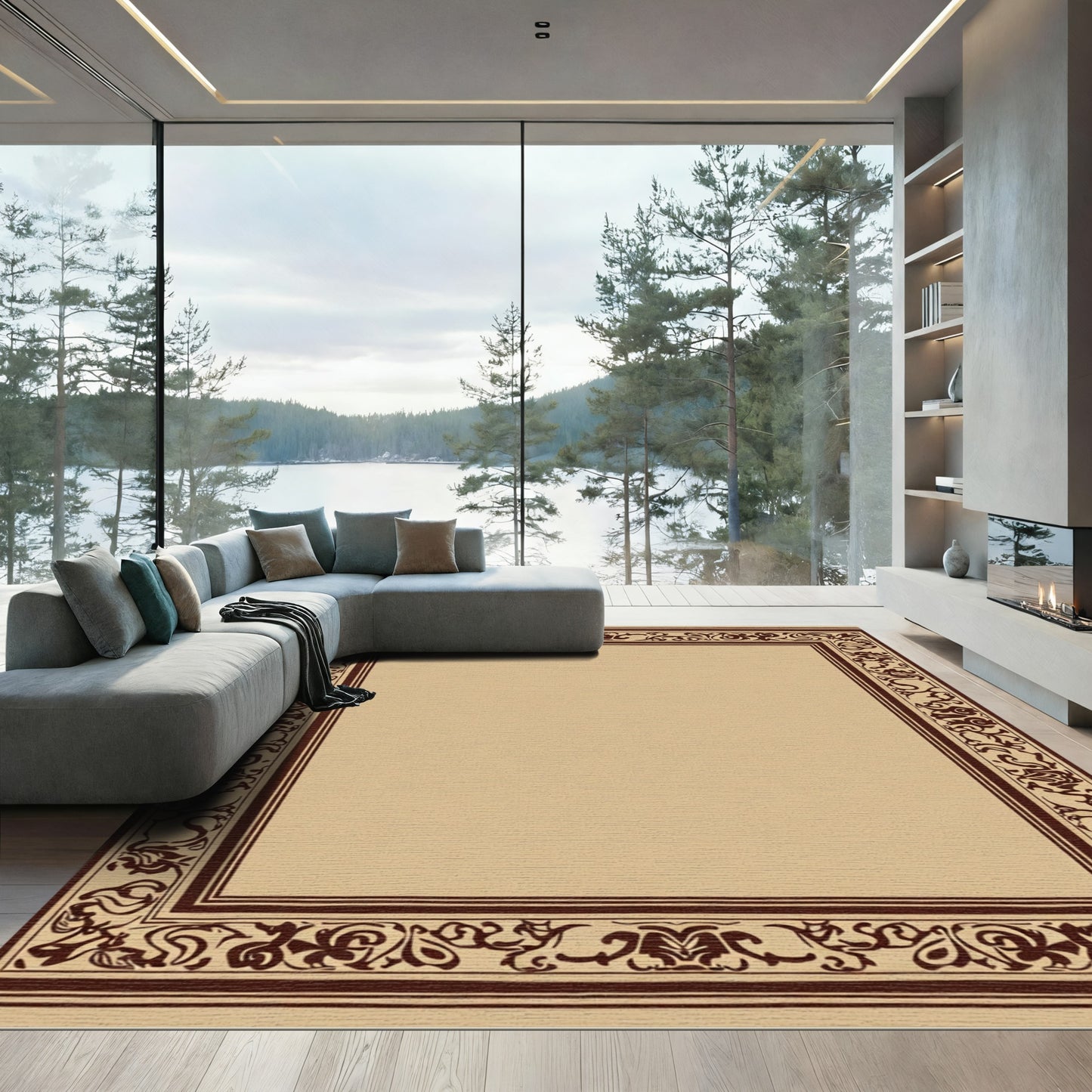 Warm Beige Dark Brown Scroll Border Rug