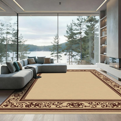 Warm Beige Dark Brown Scroll Border Rug