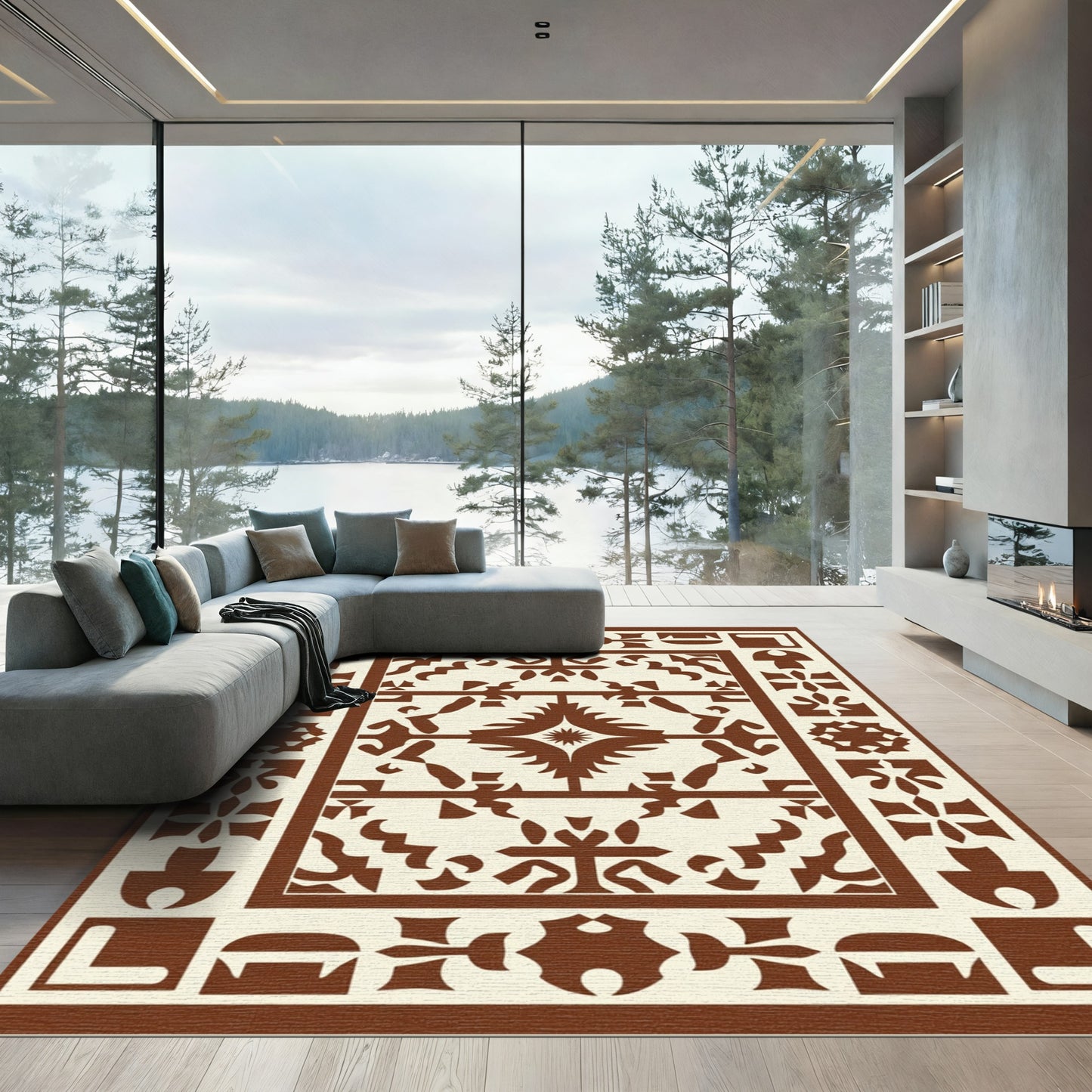Brown and Cream Geometric Folk Rug