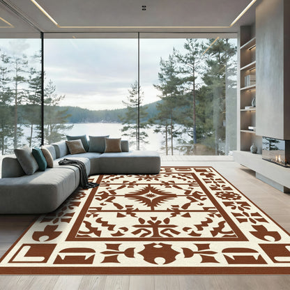 Brown and Cream Geometric Folk Rug