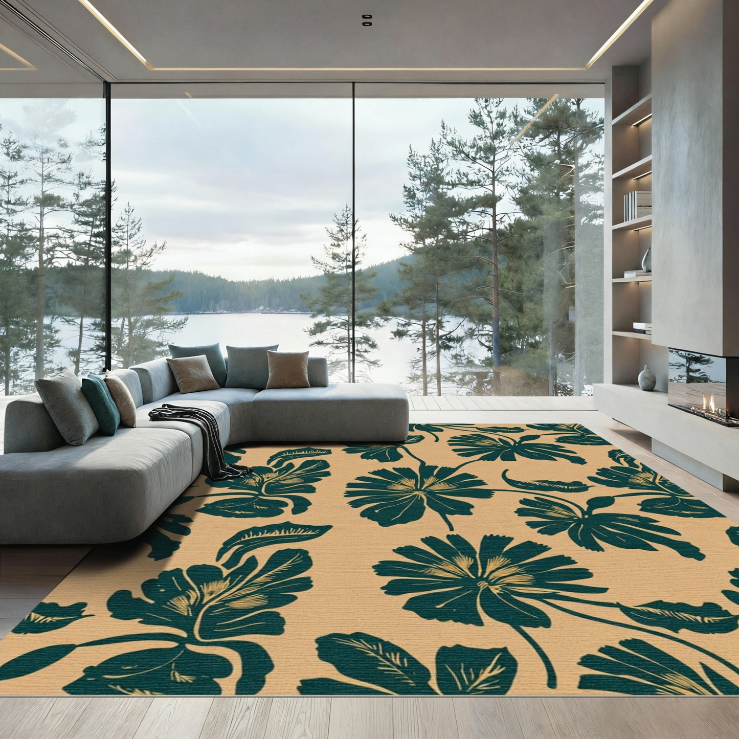 Deep Teal Floral Silhouette Meadow Rug