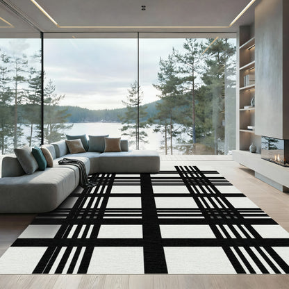 Bold Black White Plaid Lines Rug