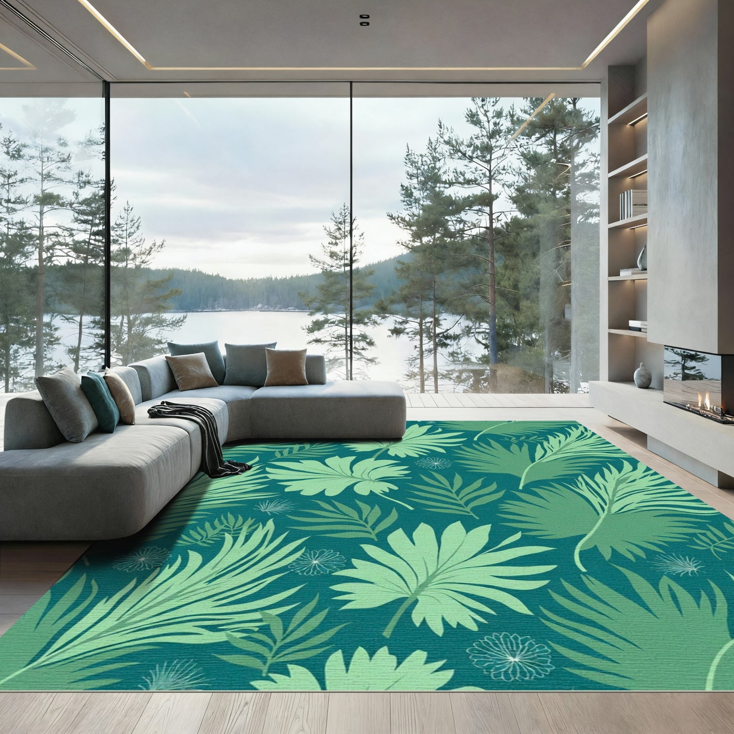 Emerald Tropical Palm Leaf Collage Rug