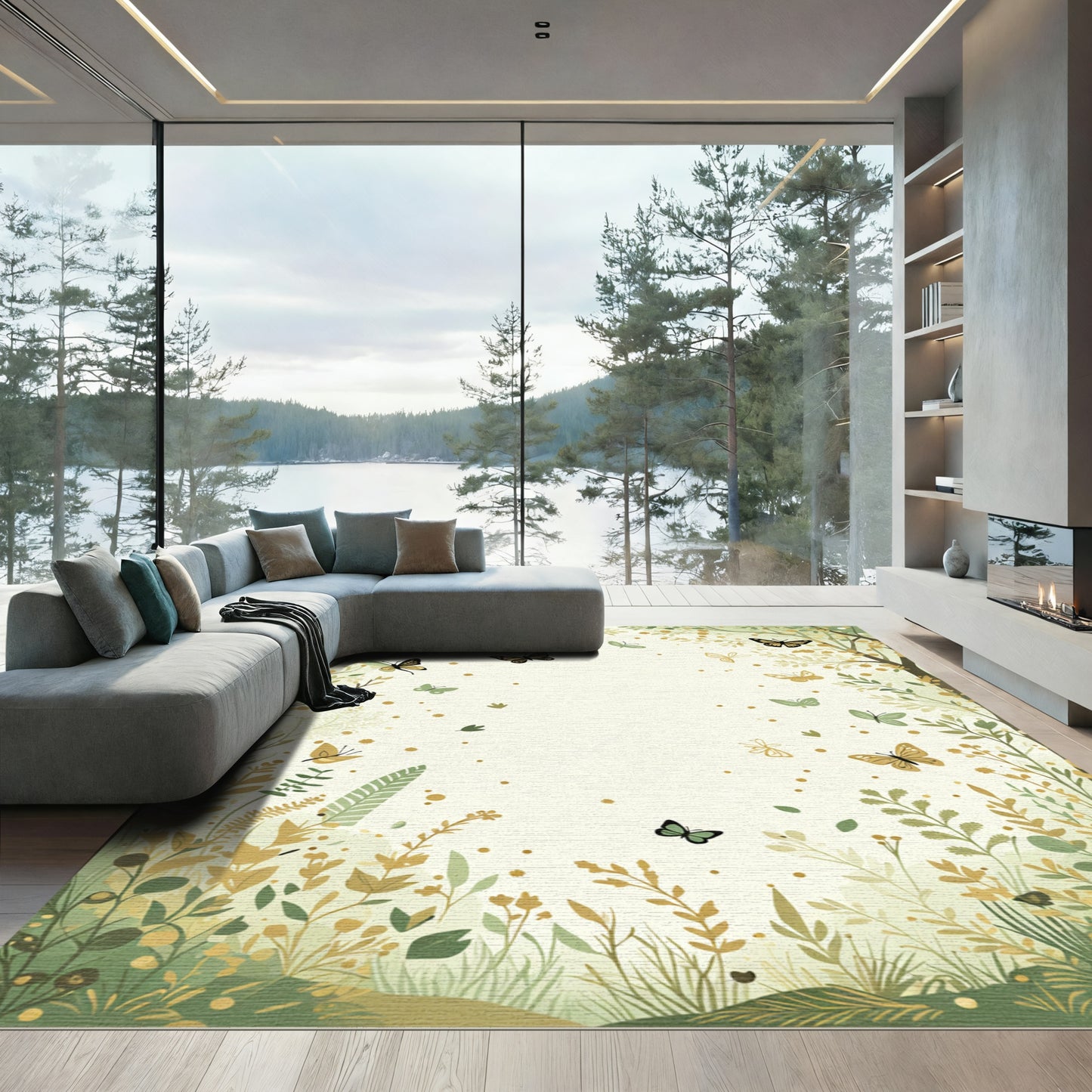 Whimsical Butterfly Meadow Botanical Scene Rug