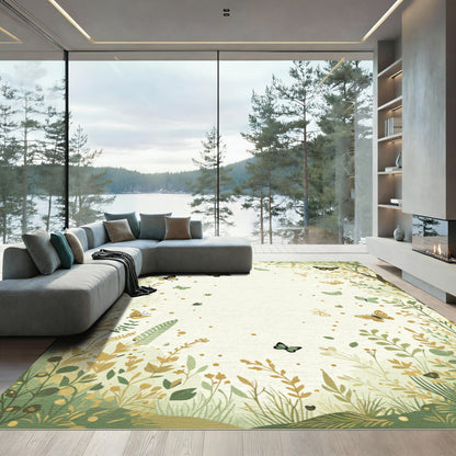 Whimsical Butterfly Meadow Botanical Scene Rug