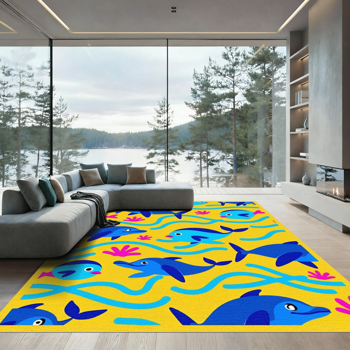 Happy Blue Dolphins Ocean Waves Rug