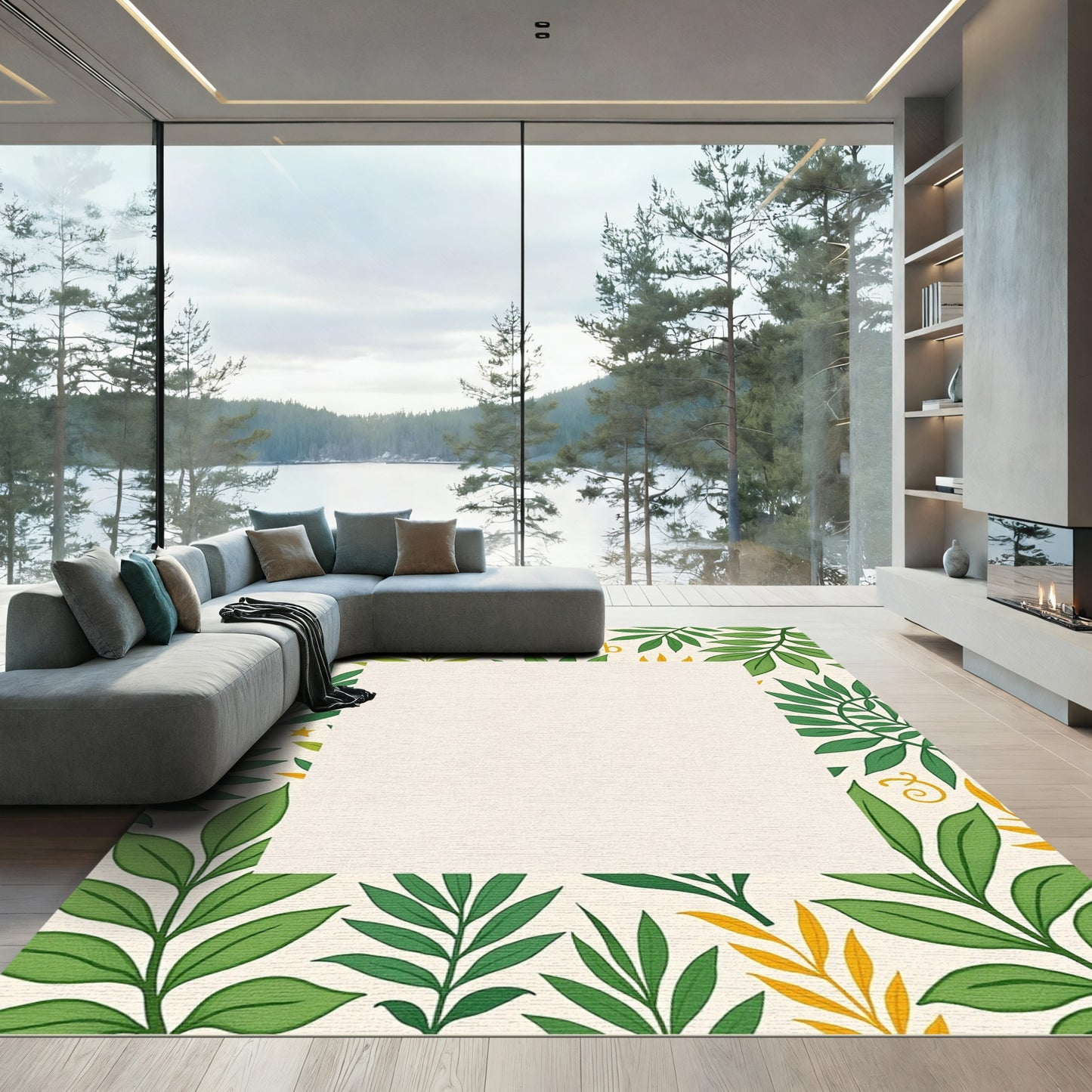 Green Leafy Branches Cream Background Rug