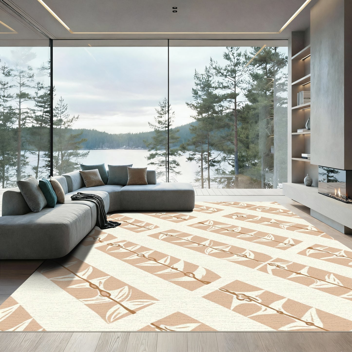 Tan Leaf Branch Diagonal Repeat Rug