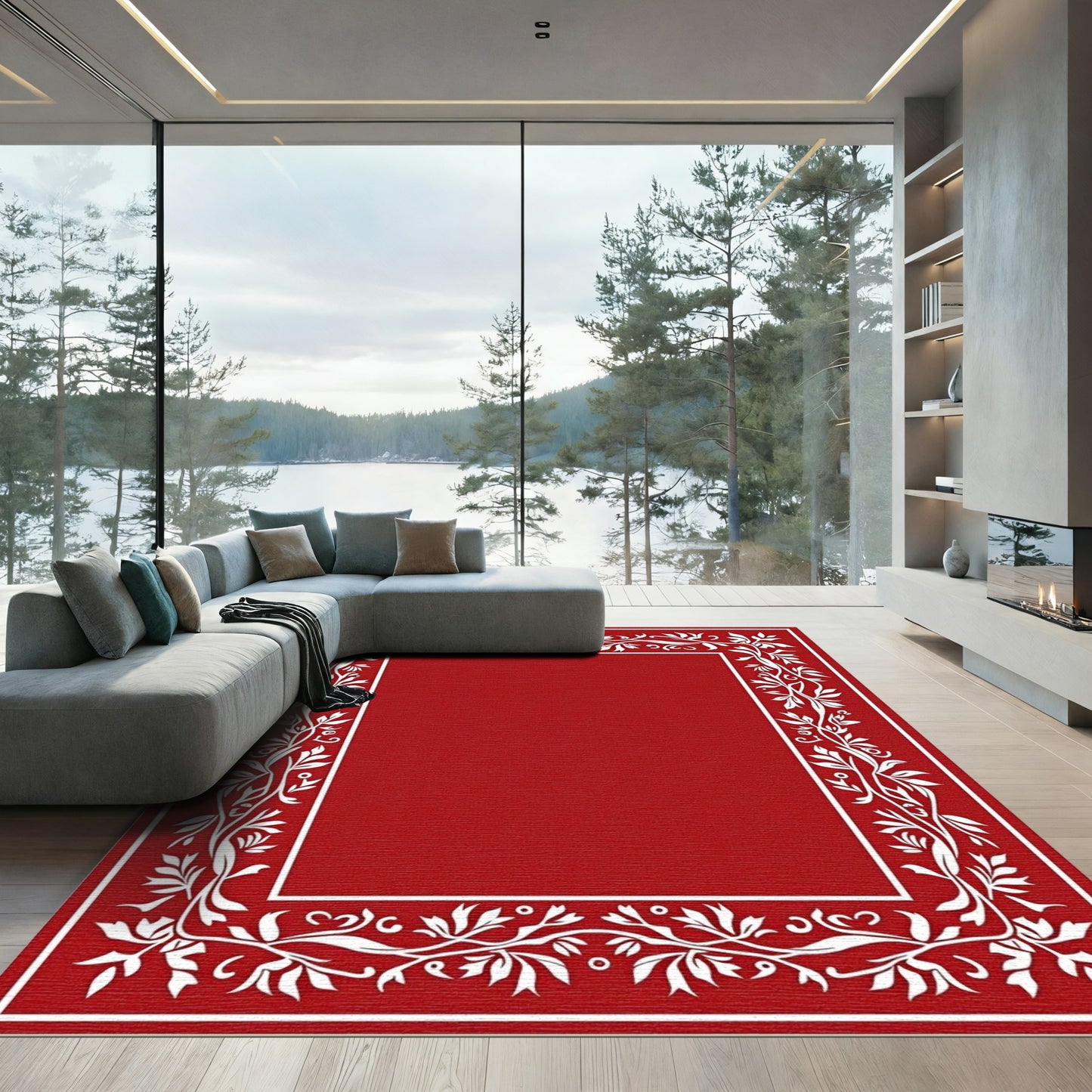 Crimson White Floral Border Rug