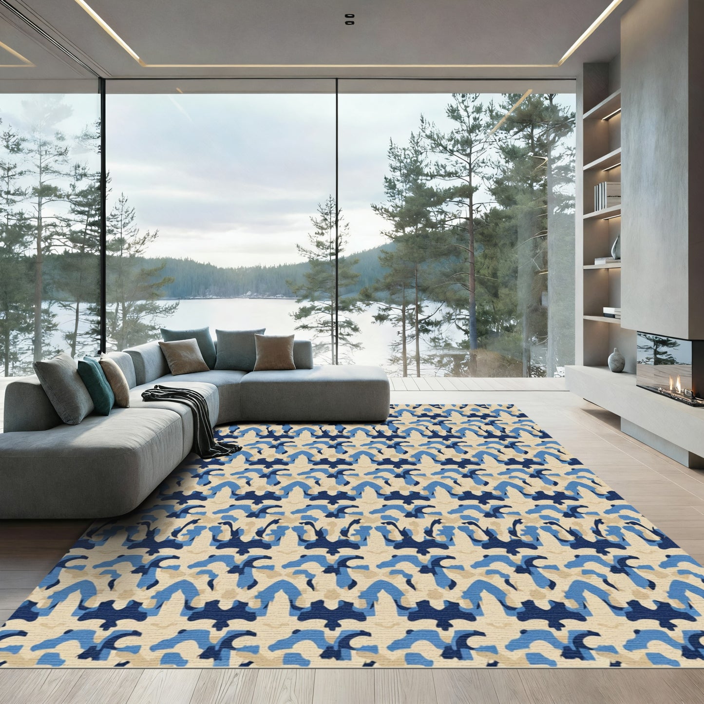 Navy Blue Tan Abstract Arch Rug