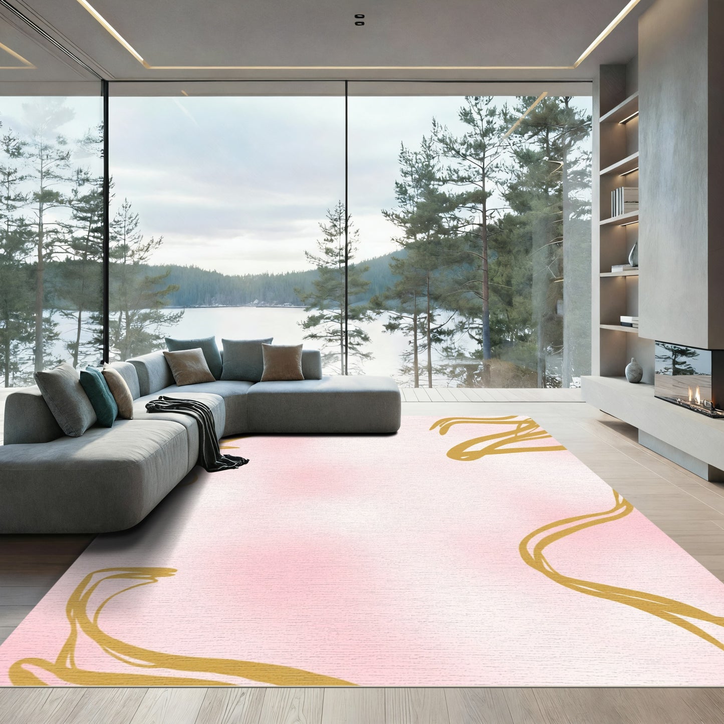 Golden Swirl Soft Pink Abstract Rug