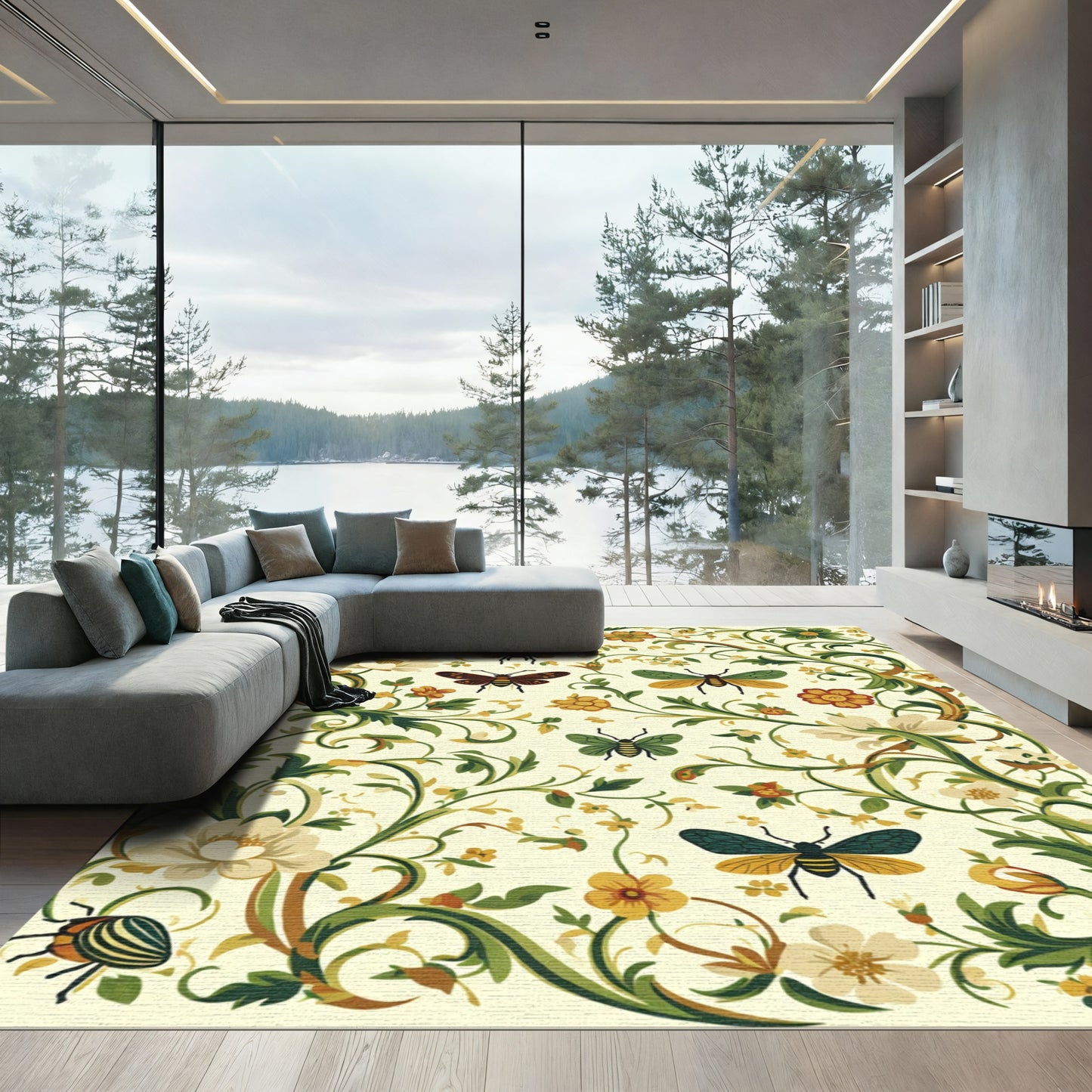 Whimsical Insects Floral Botanical Vines Rug
