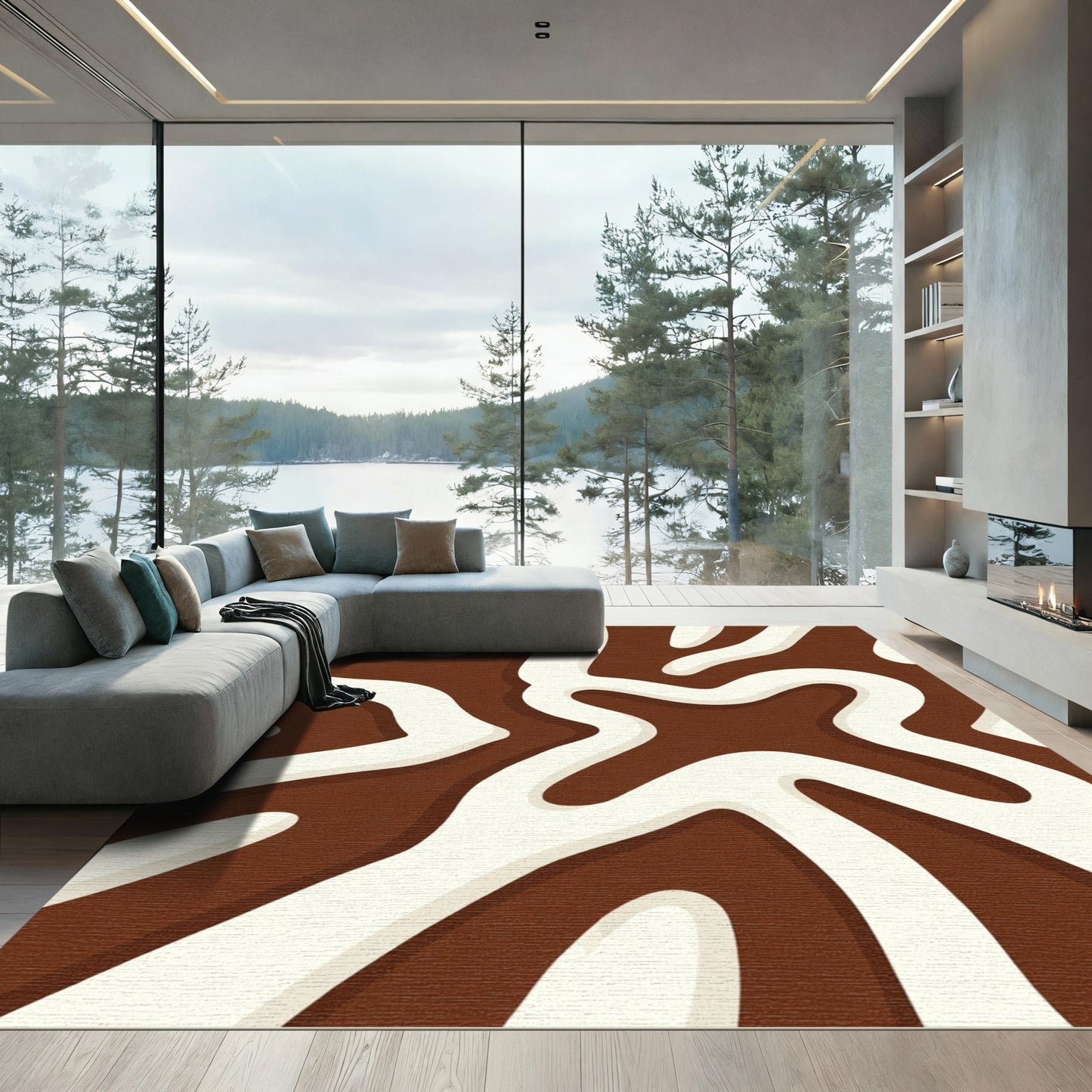 Brown White Swirl Abstract Rug