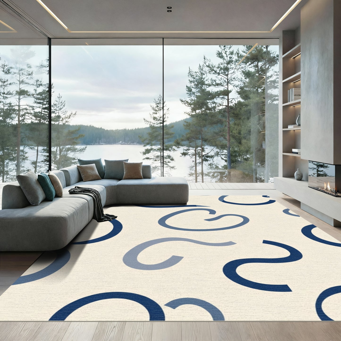 Navy Blue Abstract Ribbon Swirls Rug