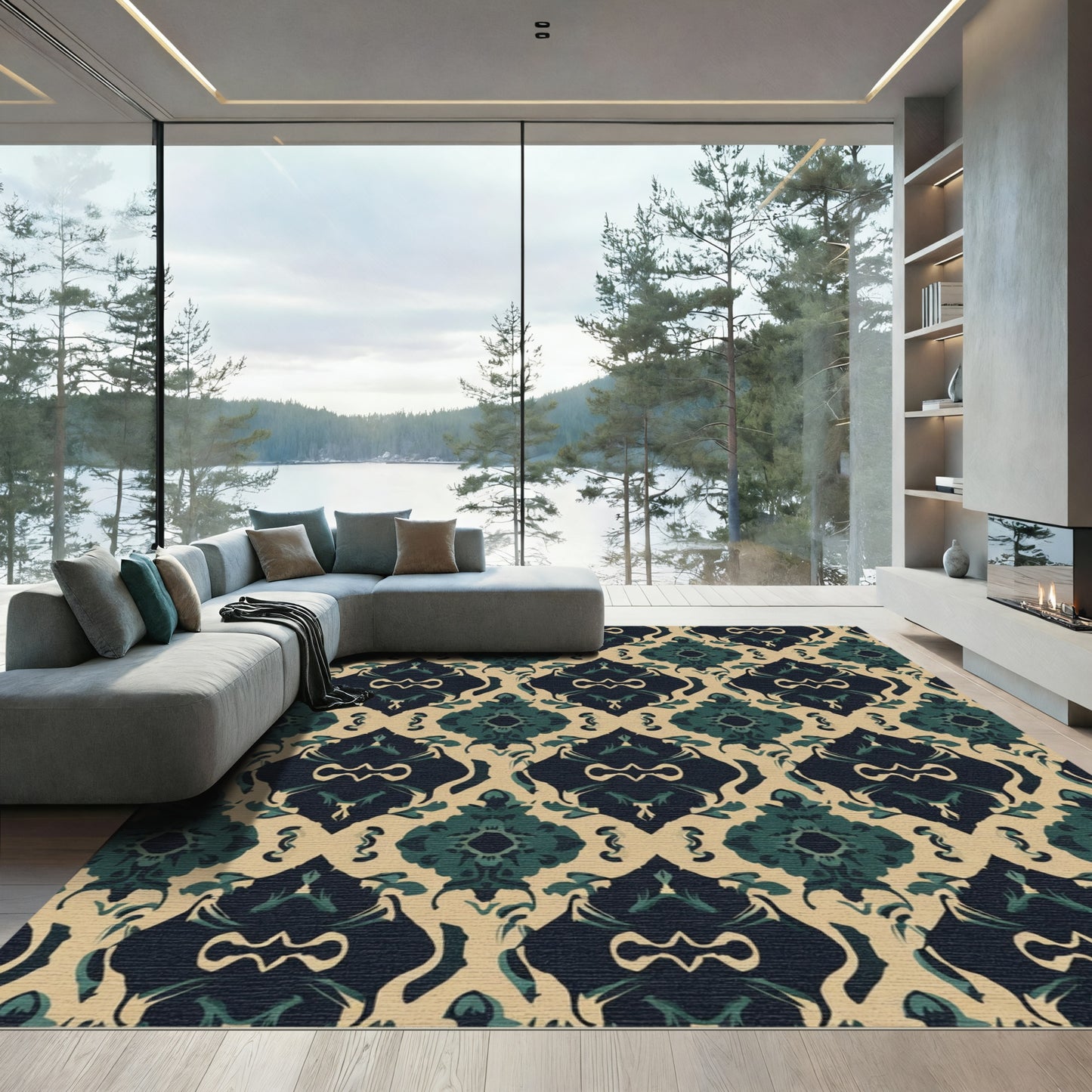 Deep Teal Elegant Damask Scroll Rug