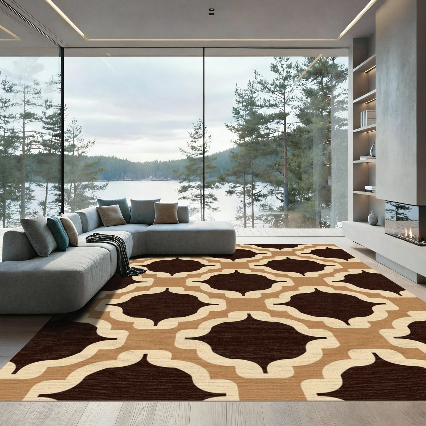 Warm Neutral Trellis Geometric Pattern Rug