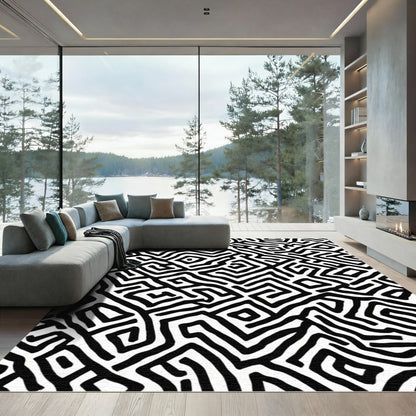 Monochrome Abstract Maze Lines Rug