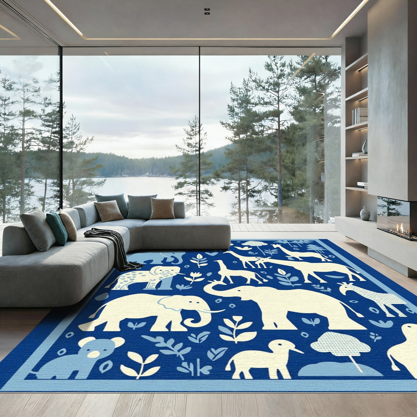 Blue Safari Animals Contemporary Graphic Rug