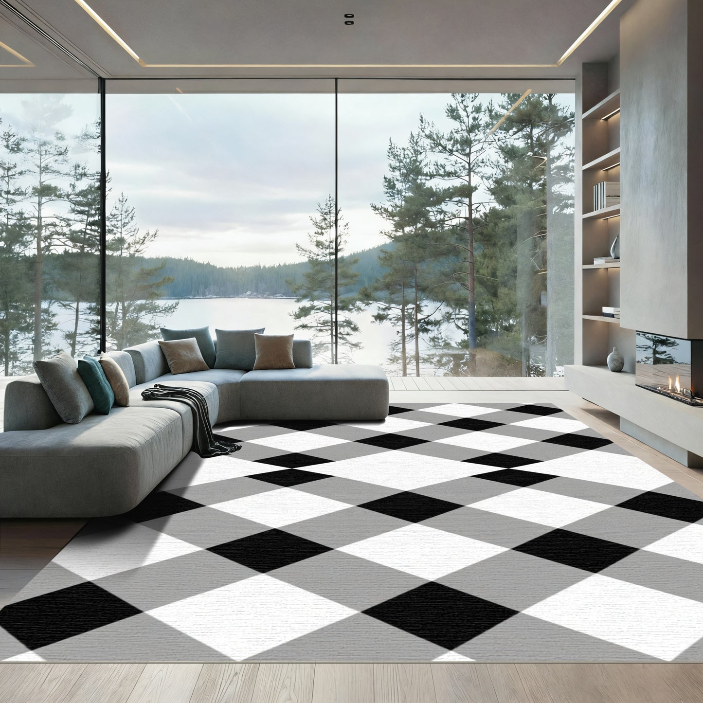Black White Gray Plaid Diamond Rug