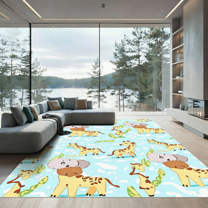 Whimsical Giraffe Elephant Safari Sky Rug
