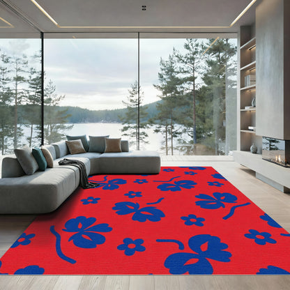 Scattered Blue Floral Red Background Rug