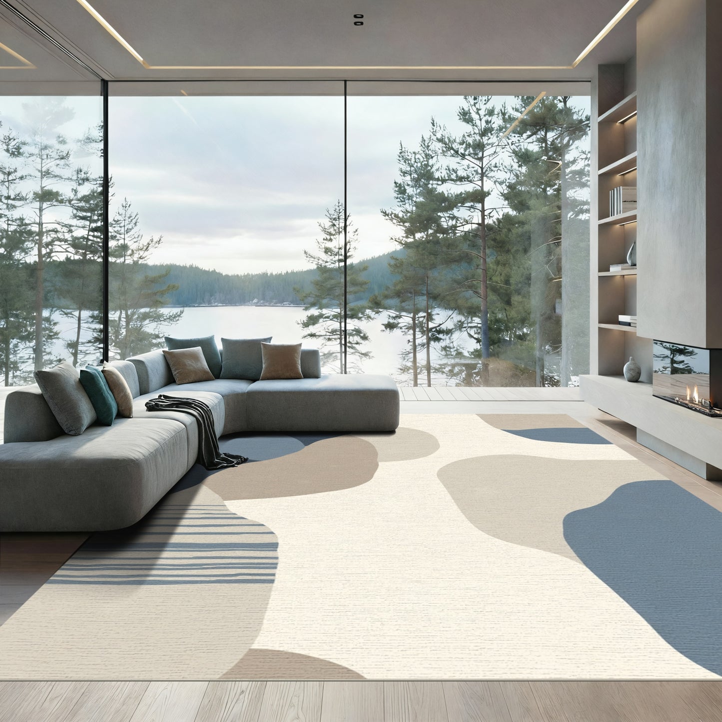Abstract Terracotta Blue Organic Shapes Rug