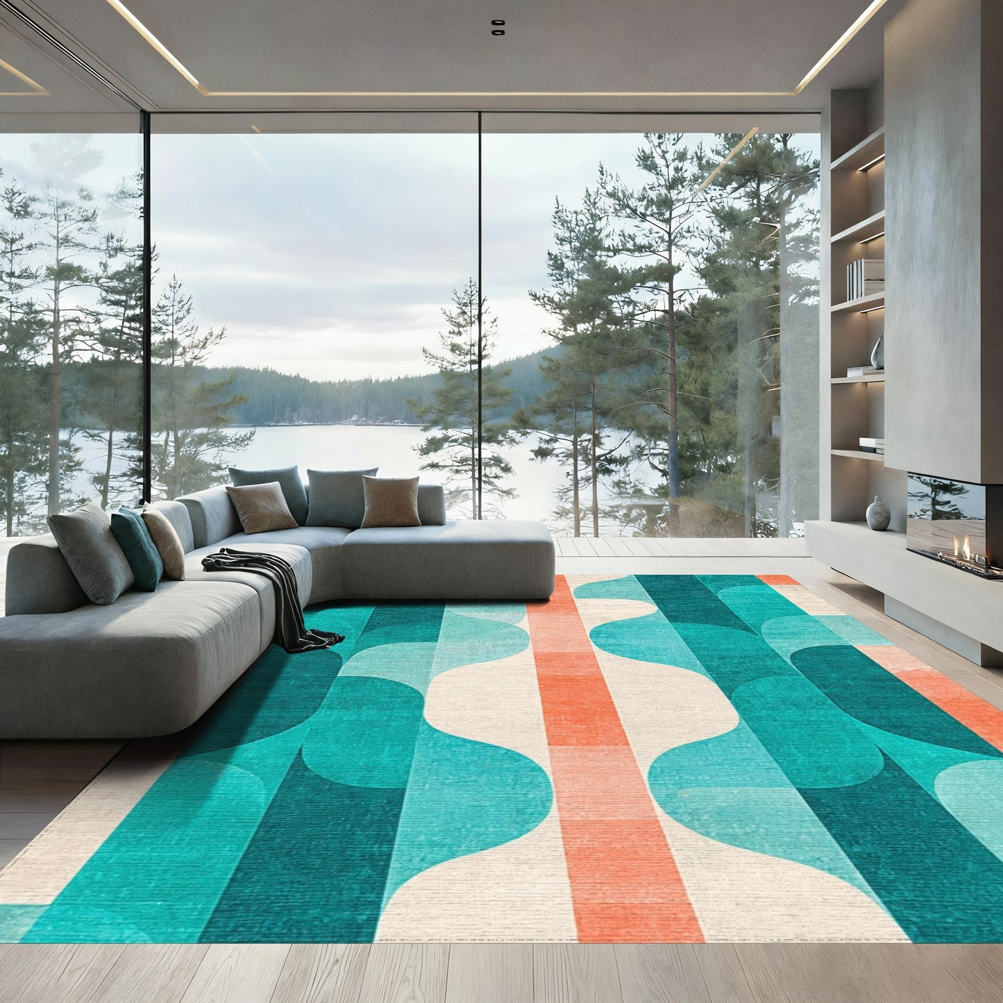 Teal Orange Wavy Geometric Rug