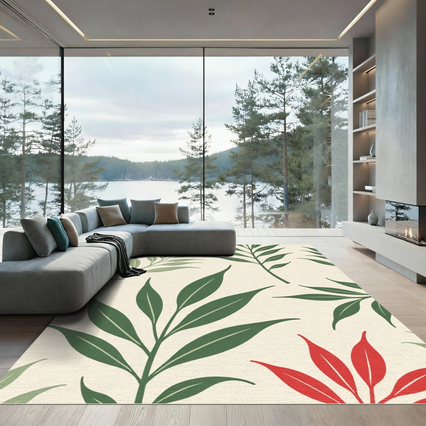 Red Green Leafy Botanical Repeat Rug