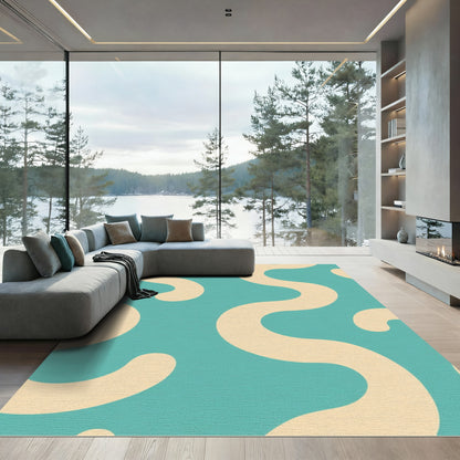 Teal Cream Organic Abstract Waves Rug