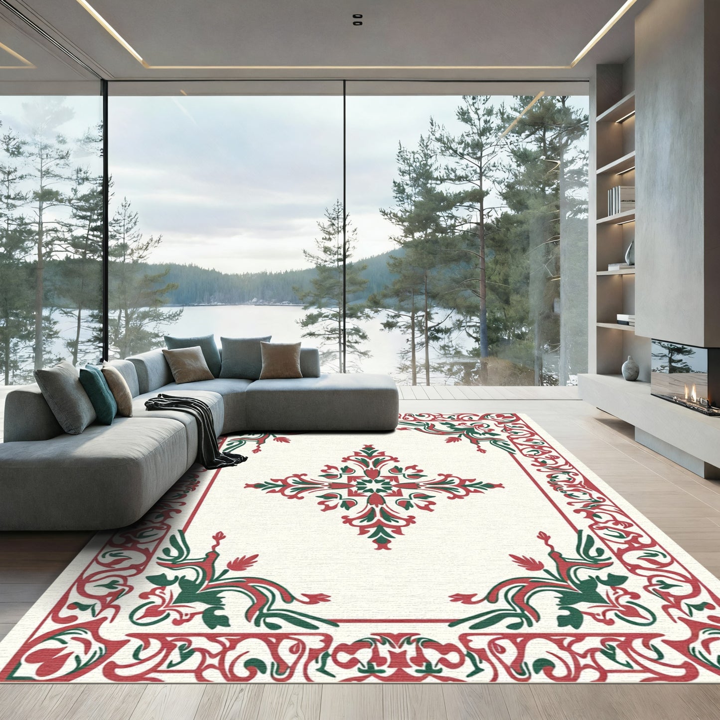 Classic Red Green Floral Mandala Rug