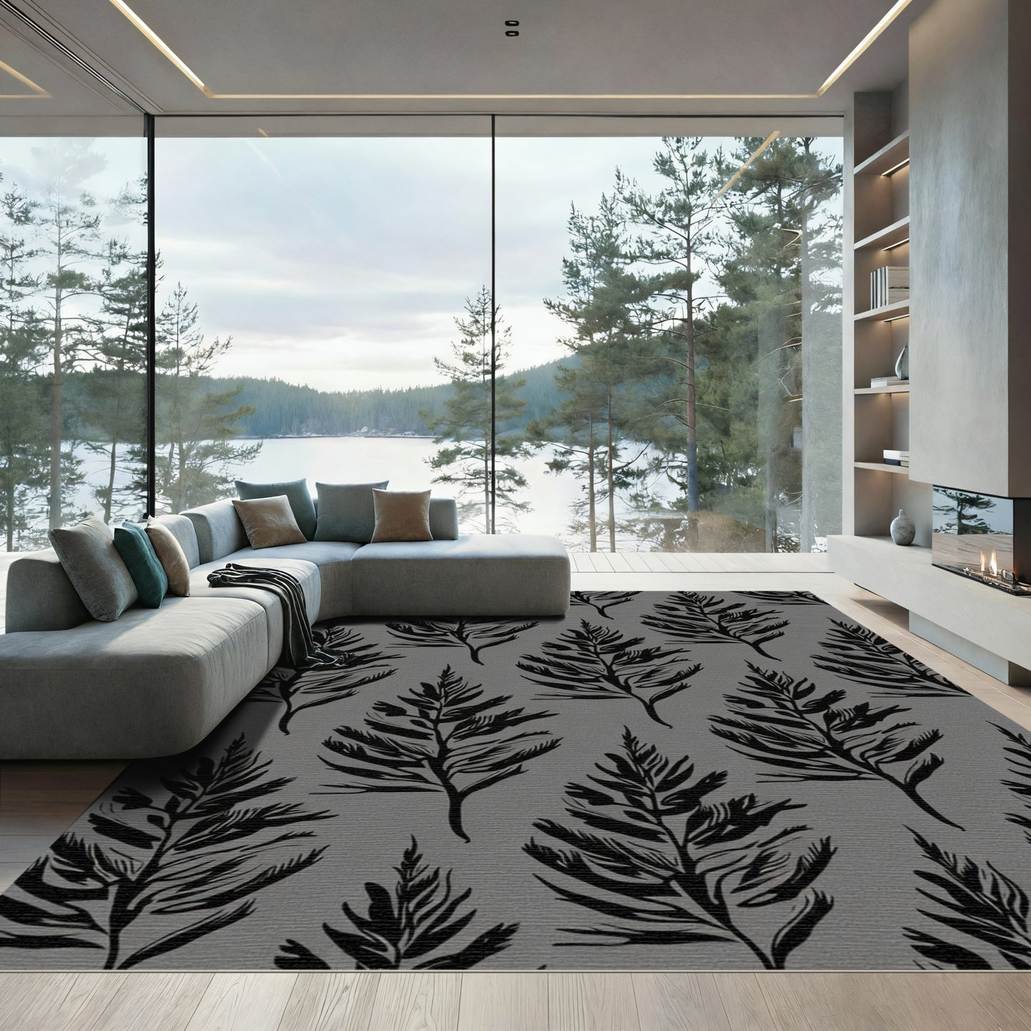 Monochromatic Black Fern Branch Repeat Rug