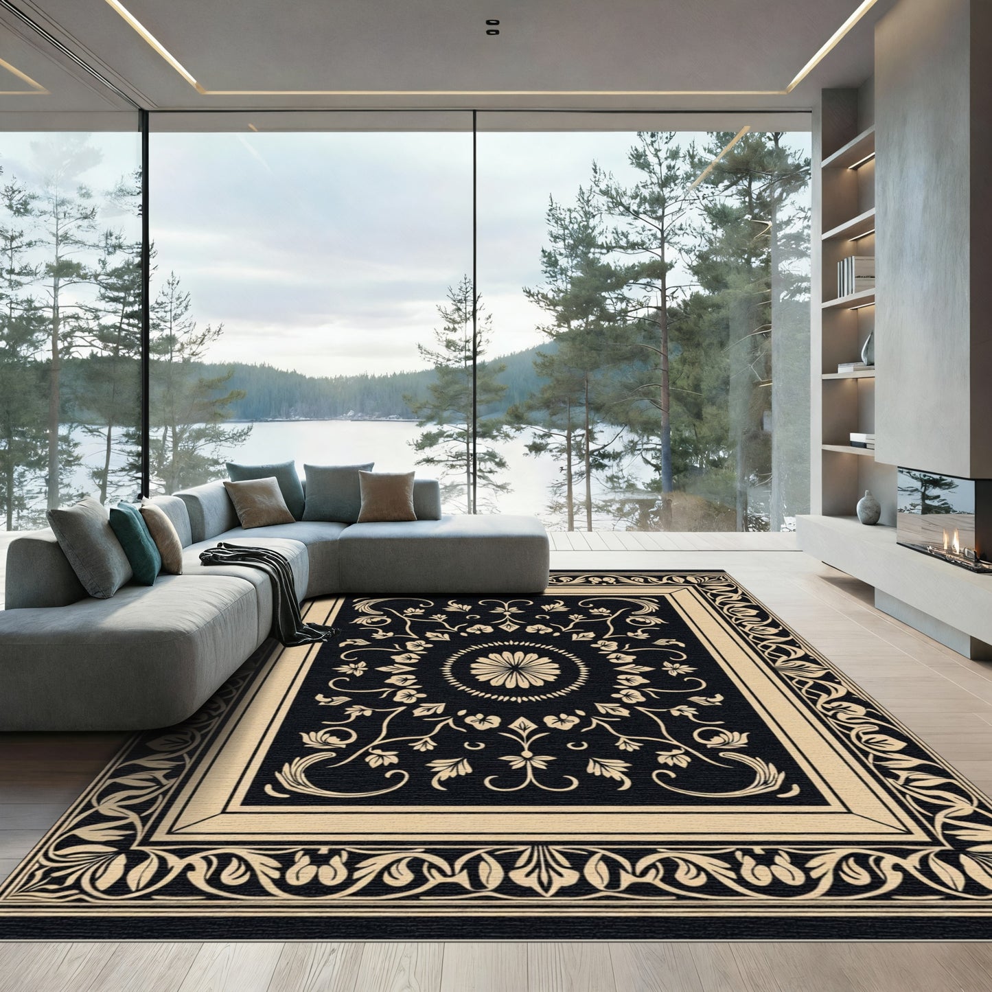 Black Cream Floral Medallion Art Deco Rug