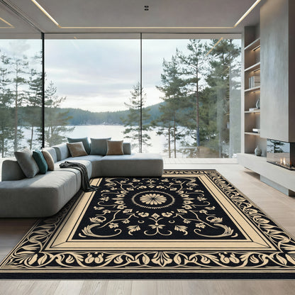 Black Cream Floral Medallion Art Deco Rug