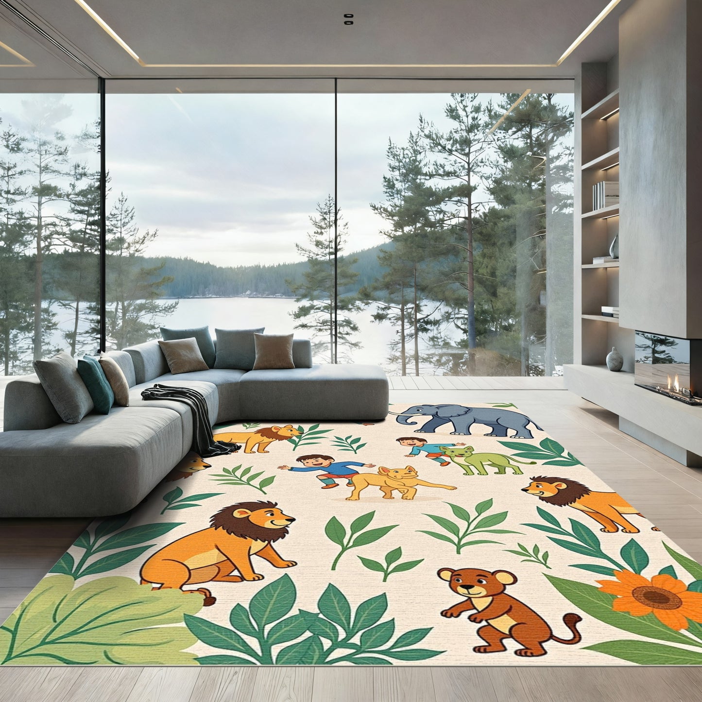 Joyful Kids Lions Elephants Leaves Flowers Rug