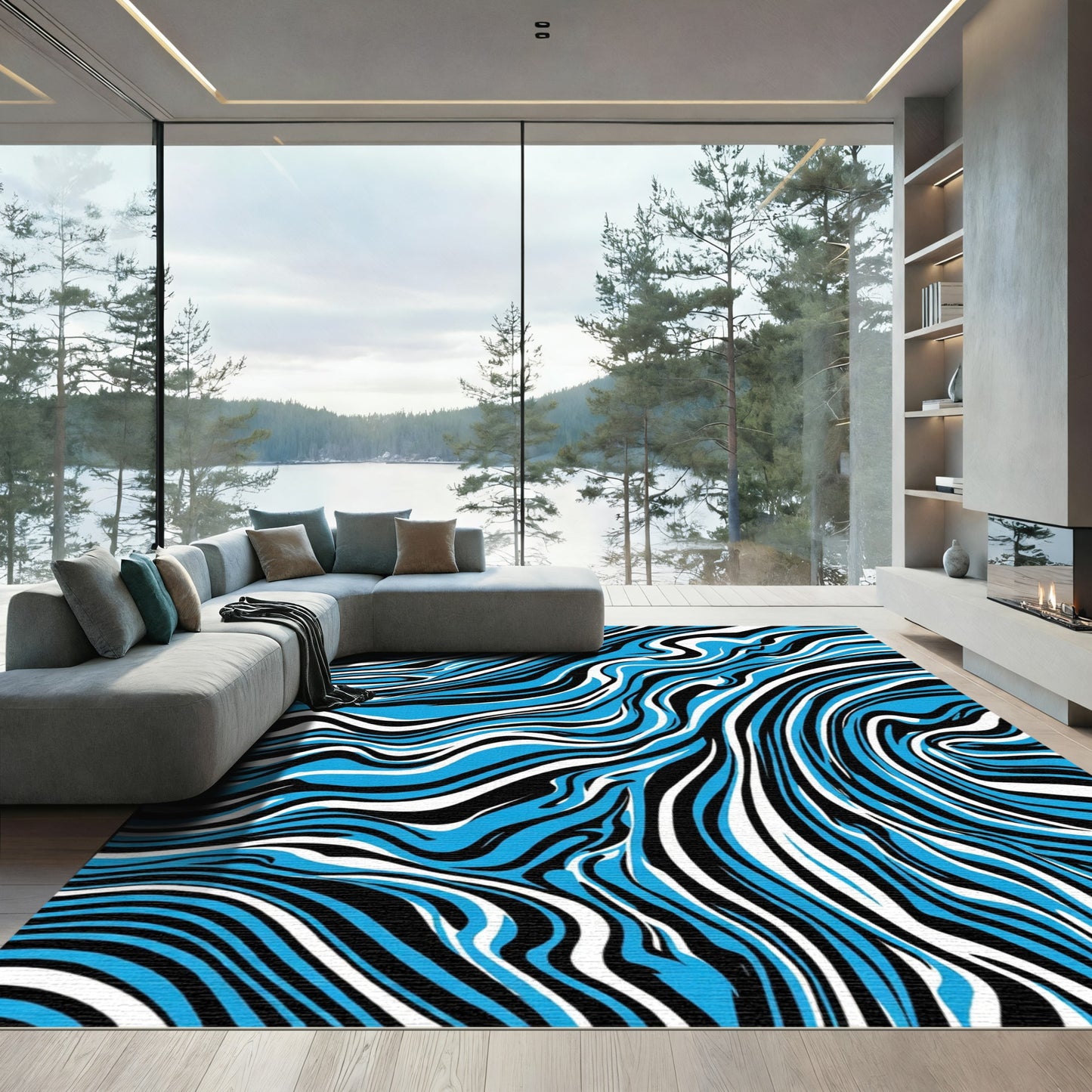 Electric Blue Black White Swirl Rug
