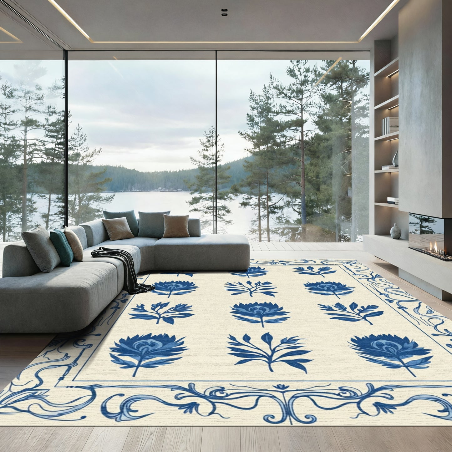 Deep Blue Floral Botanical Garland Rug