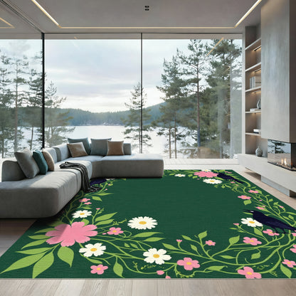 Dark Green Floral Birds Garden Rug