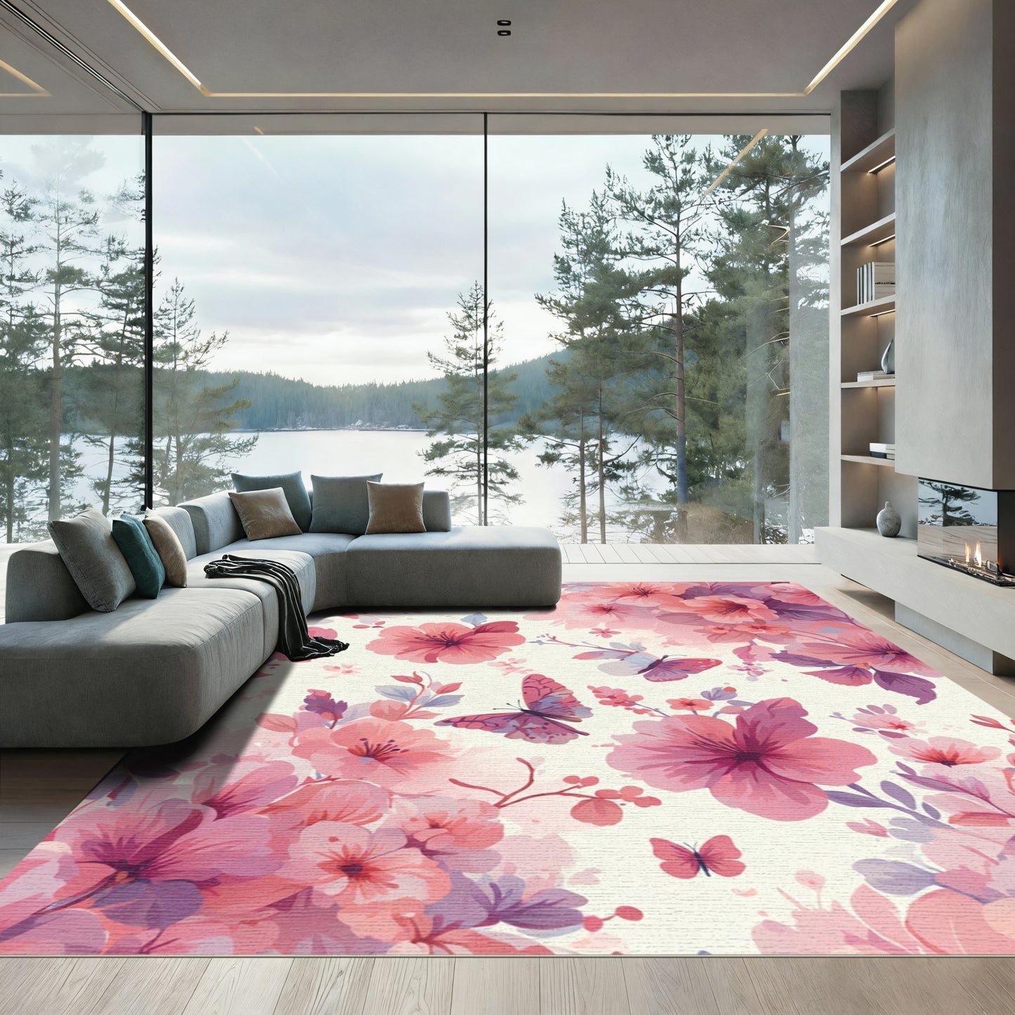 Pink Butterfly Garden Floral Blossom Rug