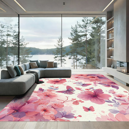Pink Butterfly Garden Floral Blossom Rug