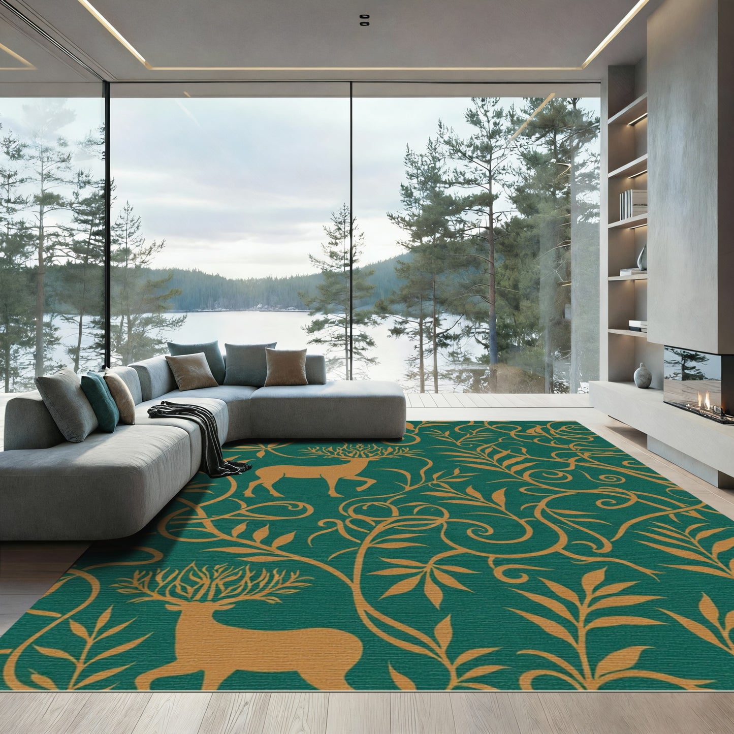 Golden Stag Verdant Vine Pattern Rug