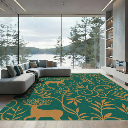 Golden Stag Verdant Vine Pattern Rug