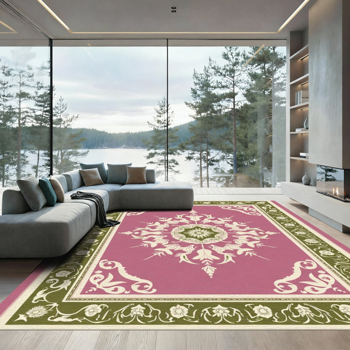 Rose Pink Floral Medallion Bordered Rug
