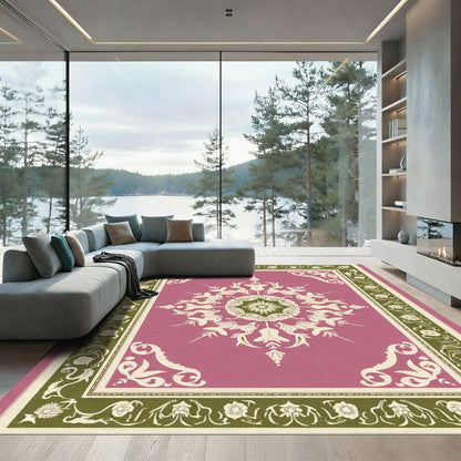 Rose Pink Floral Medallion Bordered Rug