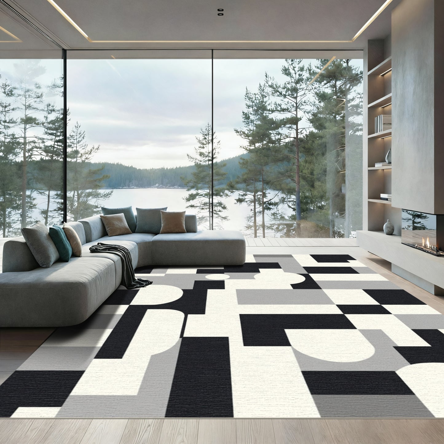 Black White Gray Geometric Abstract Rug