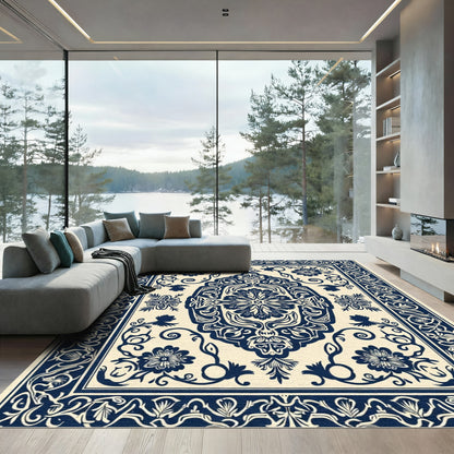 Navy Ivory Floral Mandala Border Rug