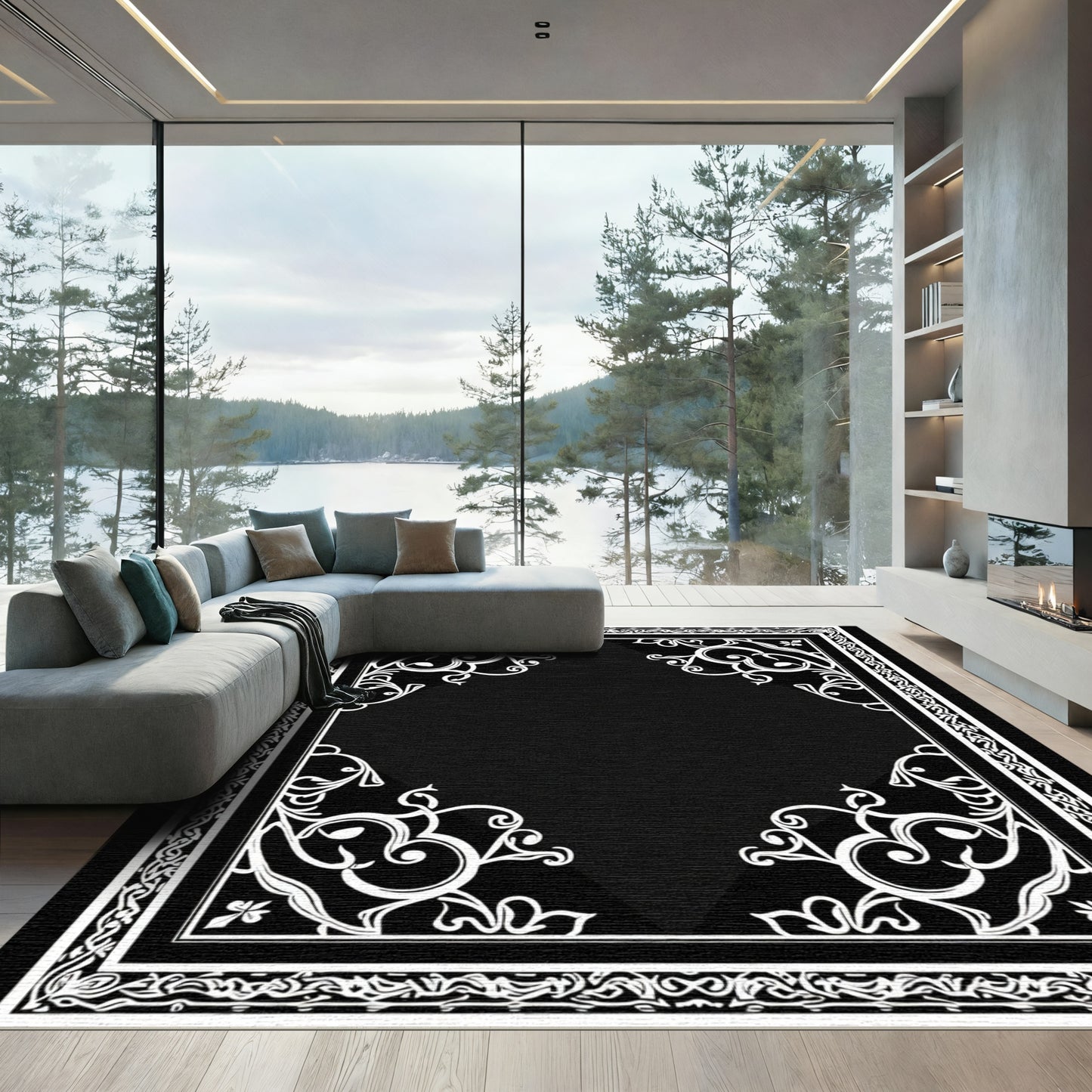 Black White Ornate Scroll Borders Rug