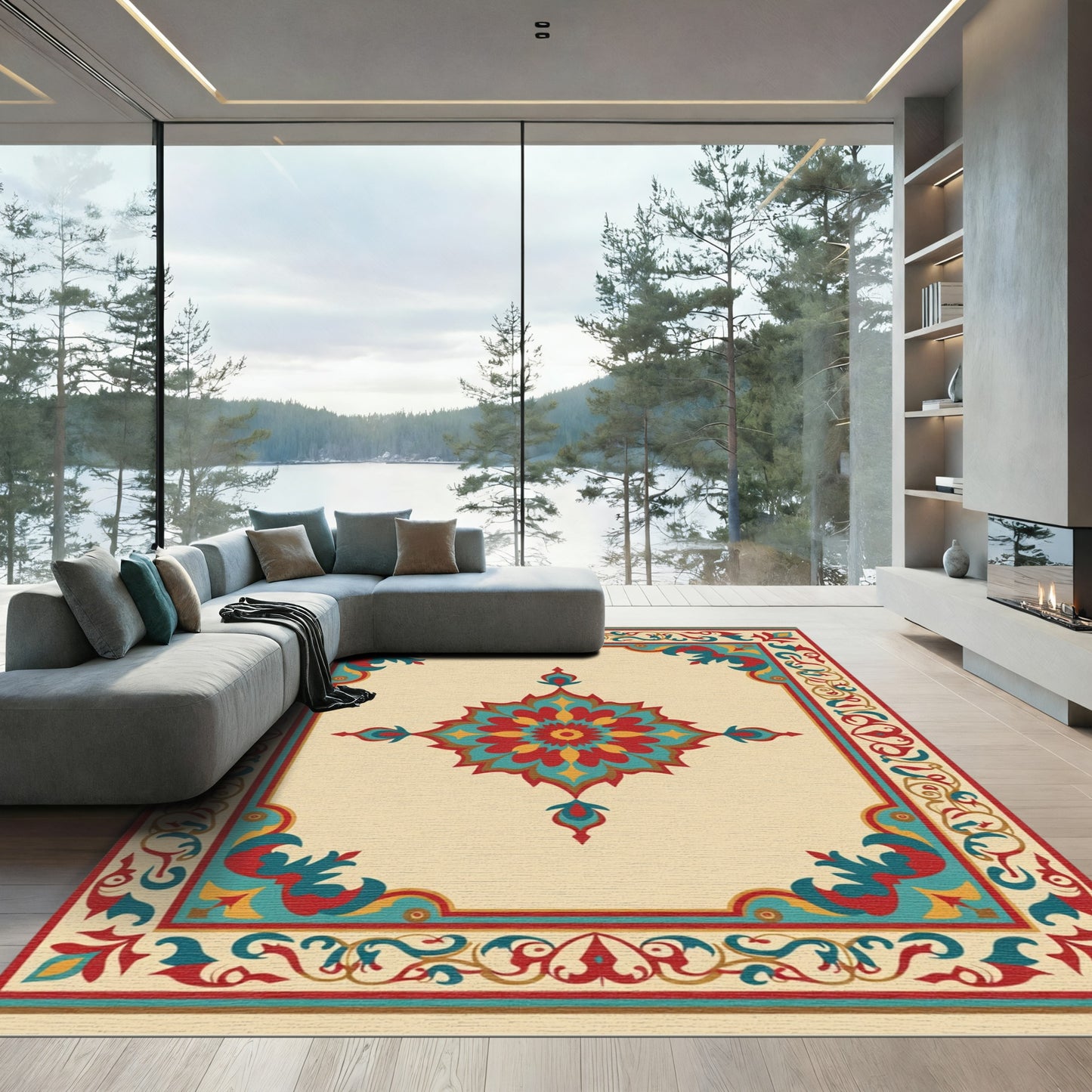 Vibrant Red Teal Floral Medallion Border Rug